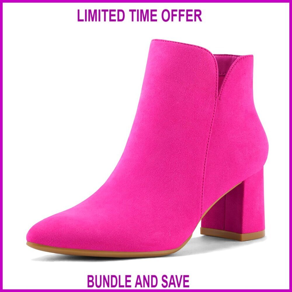 Women's Ankle Boots Chunky Block Low Heel Pointed Toe Side V Cutout Zipper